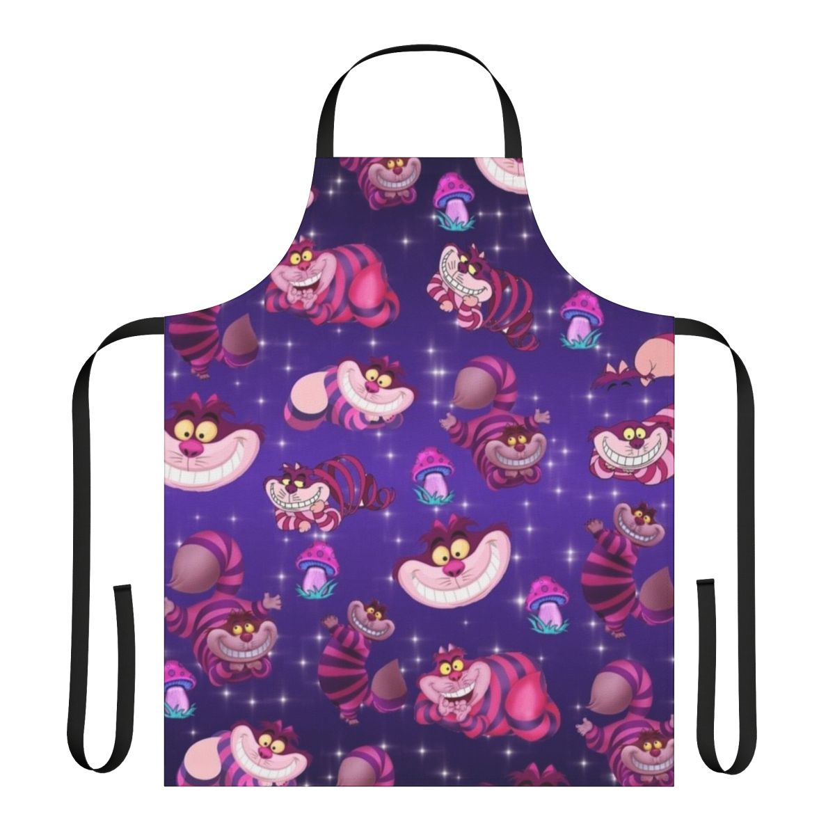 A colorful apron featuring a whimsical Alice in Wonderland-inspired design with a cat, mushrooms, and the Cheshire Cat.