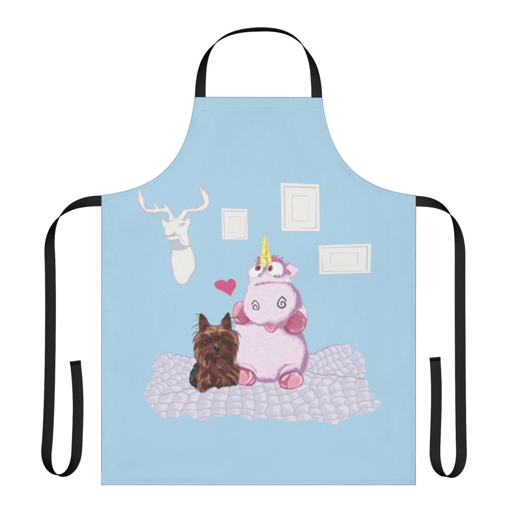A whimsical apron featuring a family portrait with a dog, unicorn, and other cute, playful elements.