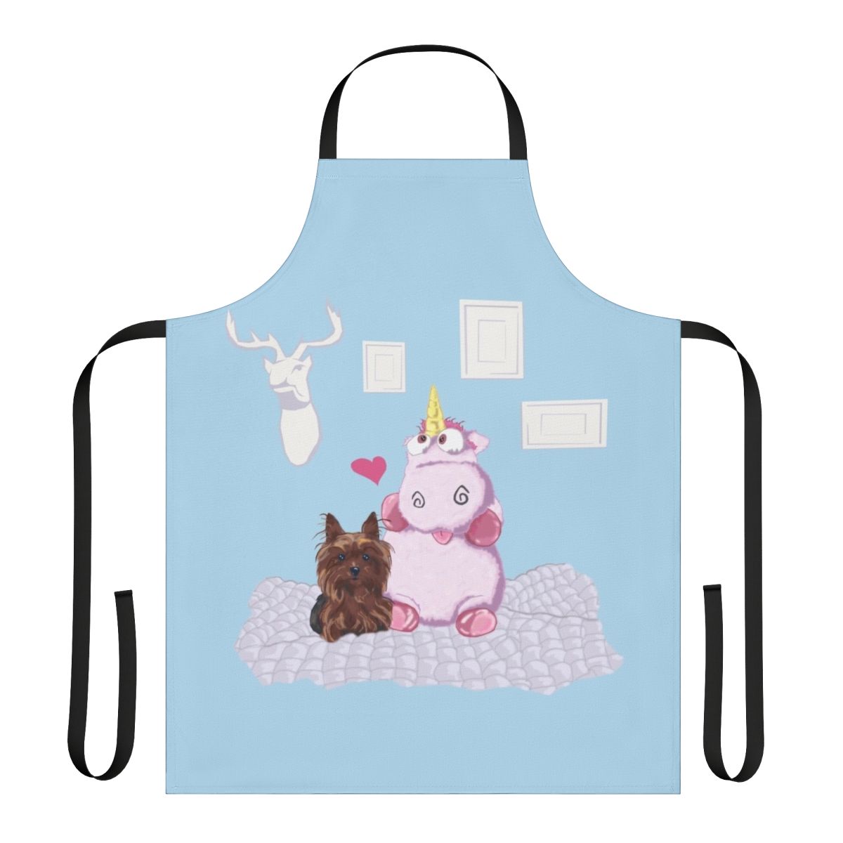 A whimsical apron featuring a family portrait with a dog, unicorn, and other cute, playful elements.