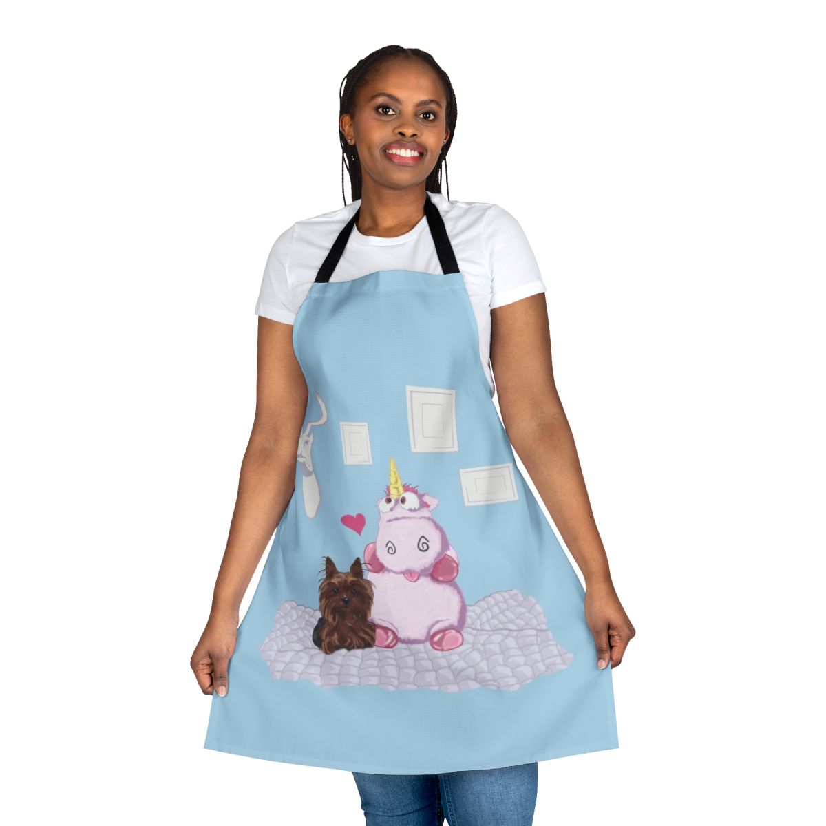 A whimsical apron featuring a family portrait with a dog, unicorn, and other cute, playful elements.