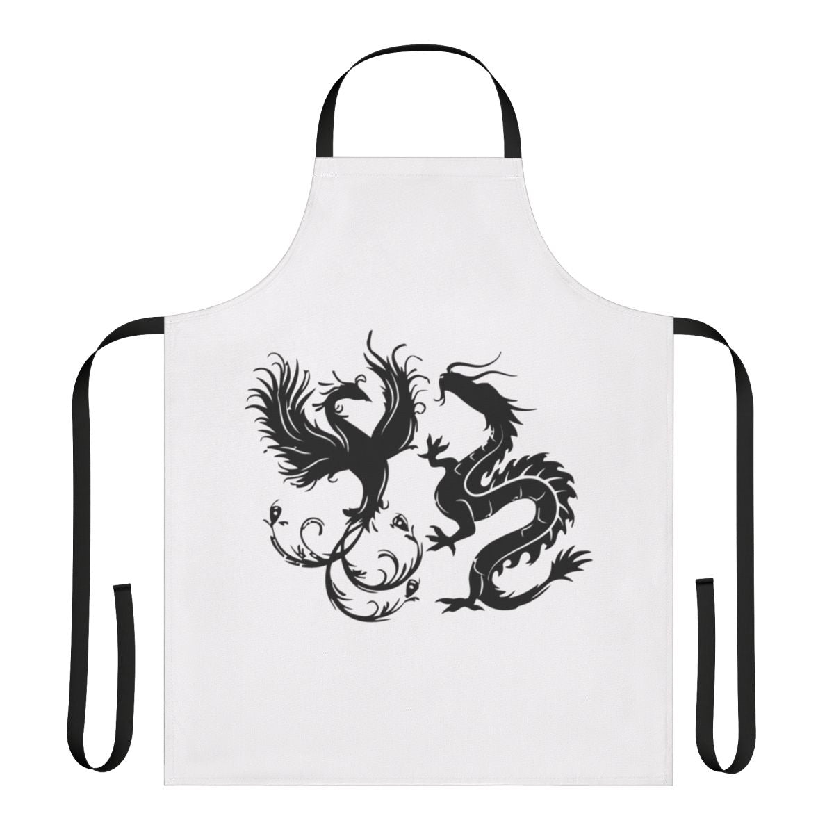 Colorful apron featuring a phoenix and dragon design with greenery and floral elements.