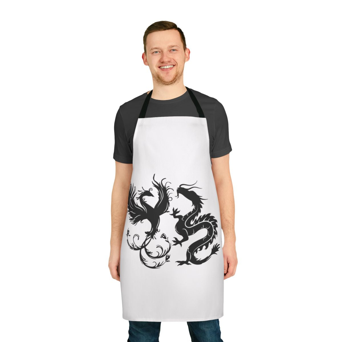 Colorful apron featuring a phoenix and dragon design with greenery and floral elements.