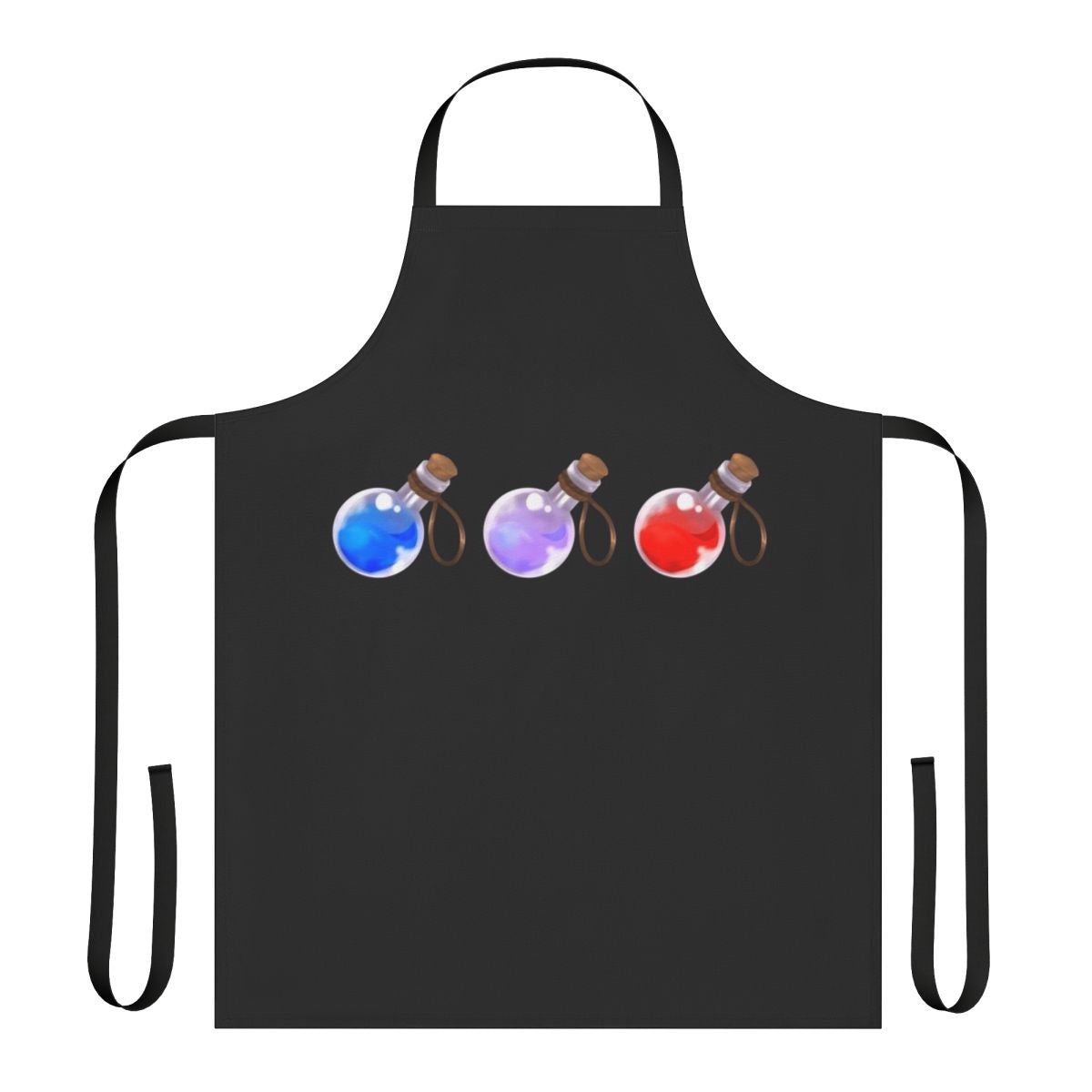 Whimsical fantasy-themed apron featuring potion designs in blue and red colors