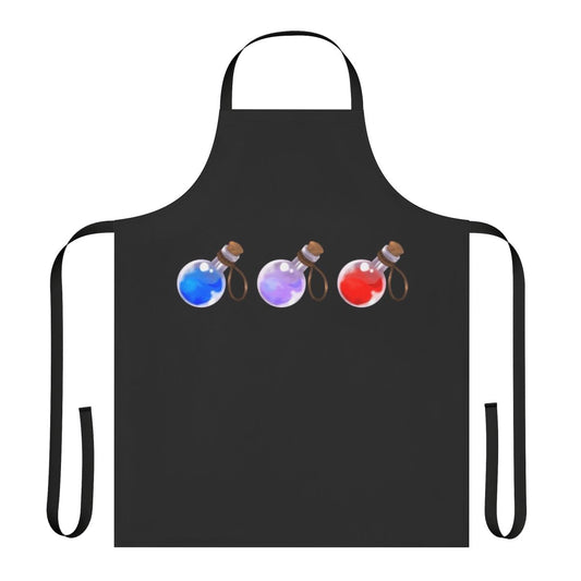 Whimsical fantasy-themed apron featuring potion designs in blue and red colors