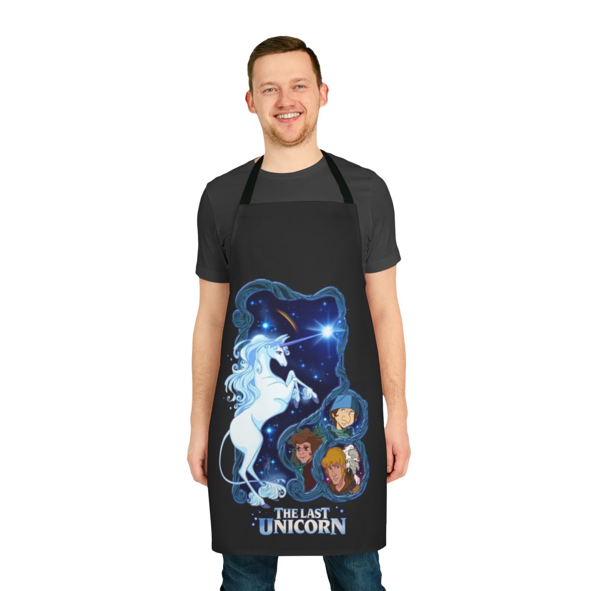 Whimsical apron featuring imagery from the classic fantasy film The Last Unicorn