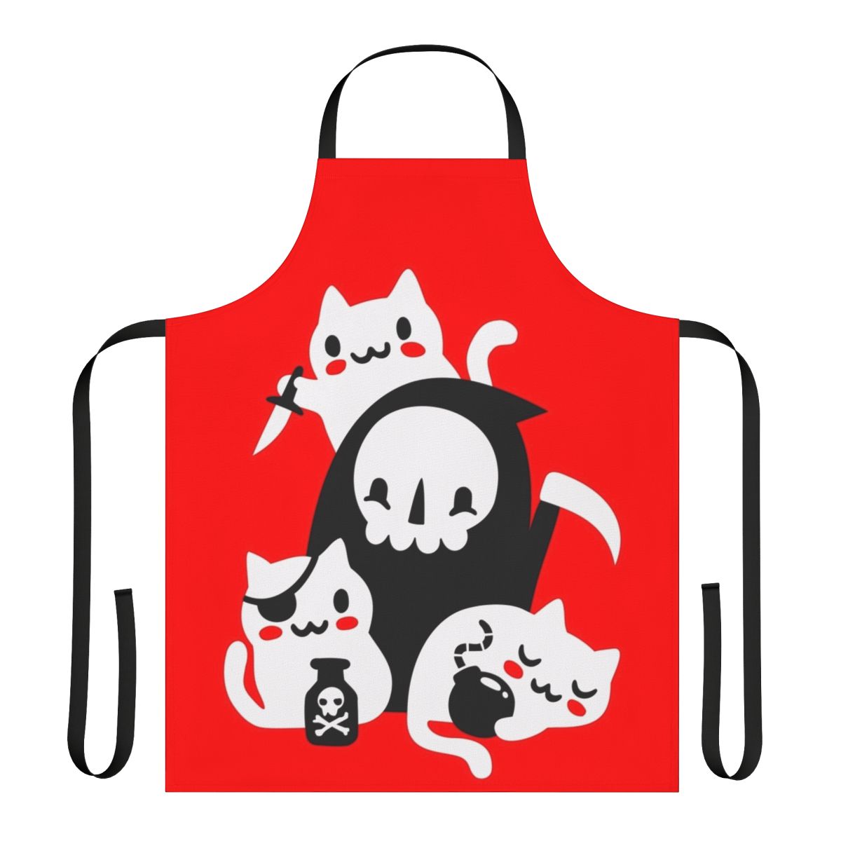 A stylish apron featuring playful kittens and morbid imagery, perfect for the cat lover with a touch of dark humor.
