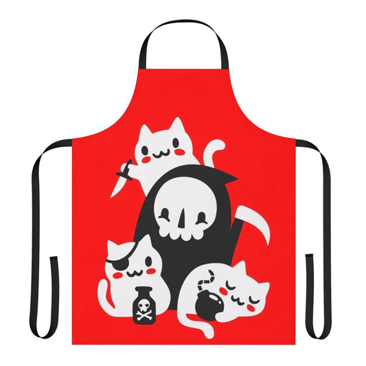 A stylish apron featuring playful kittens and morbid imagery, perfect for the cat lover with a touch of dark humor.