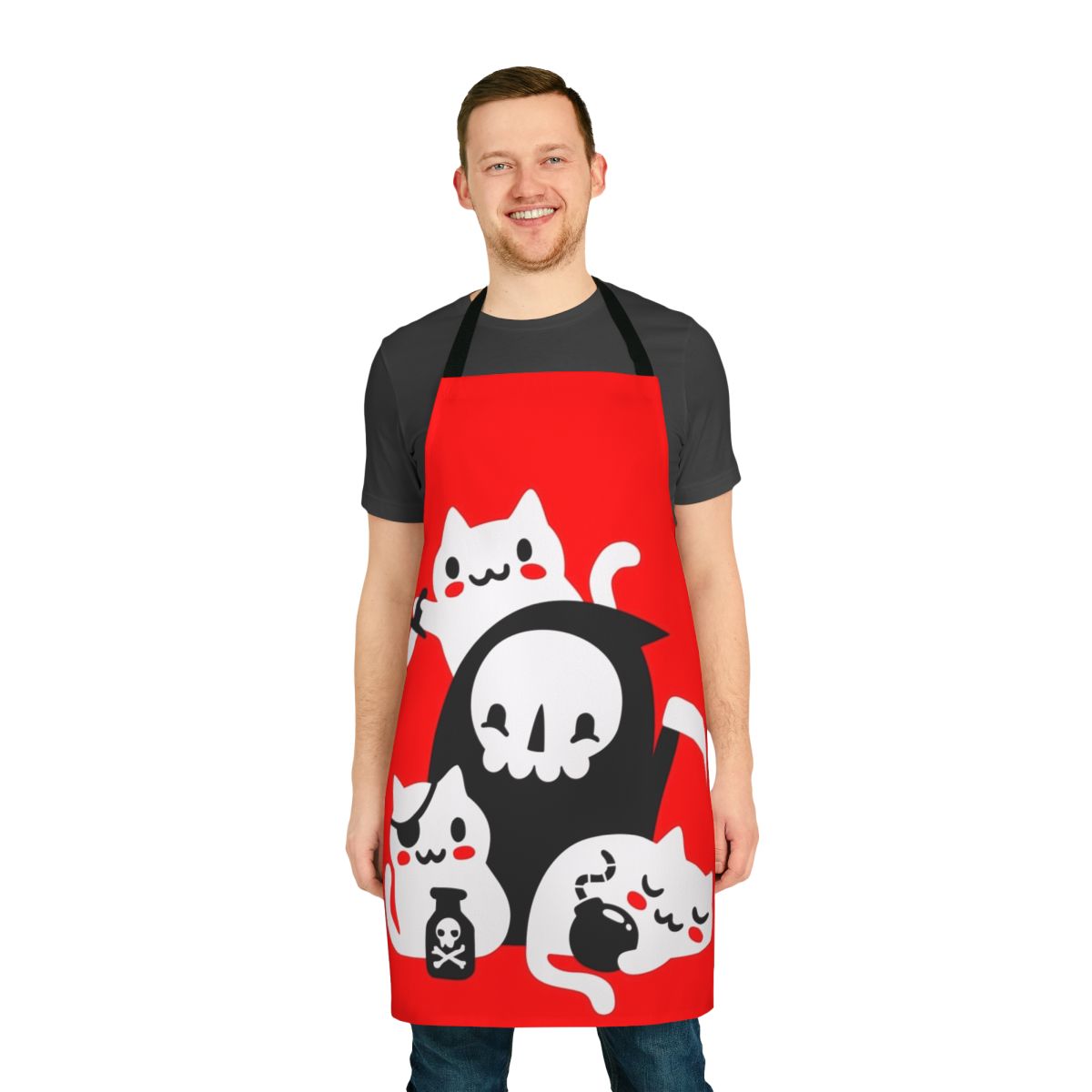 A stylish apron featuring playful kittens and morbid imagery, perfect for the cat lover with a touch of dark humor.