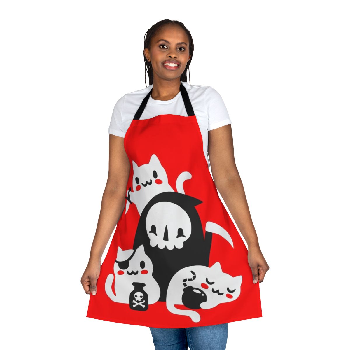 A stylish apron featuring playful kittens and morbid imagery, perfect for the cat lover with a touch of dark humor.