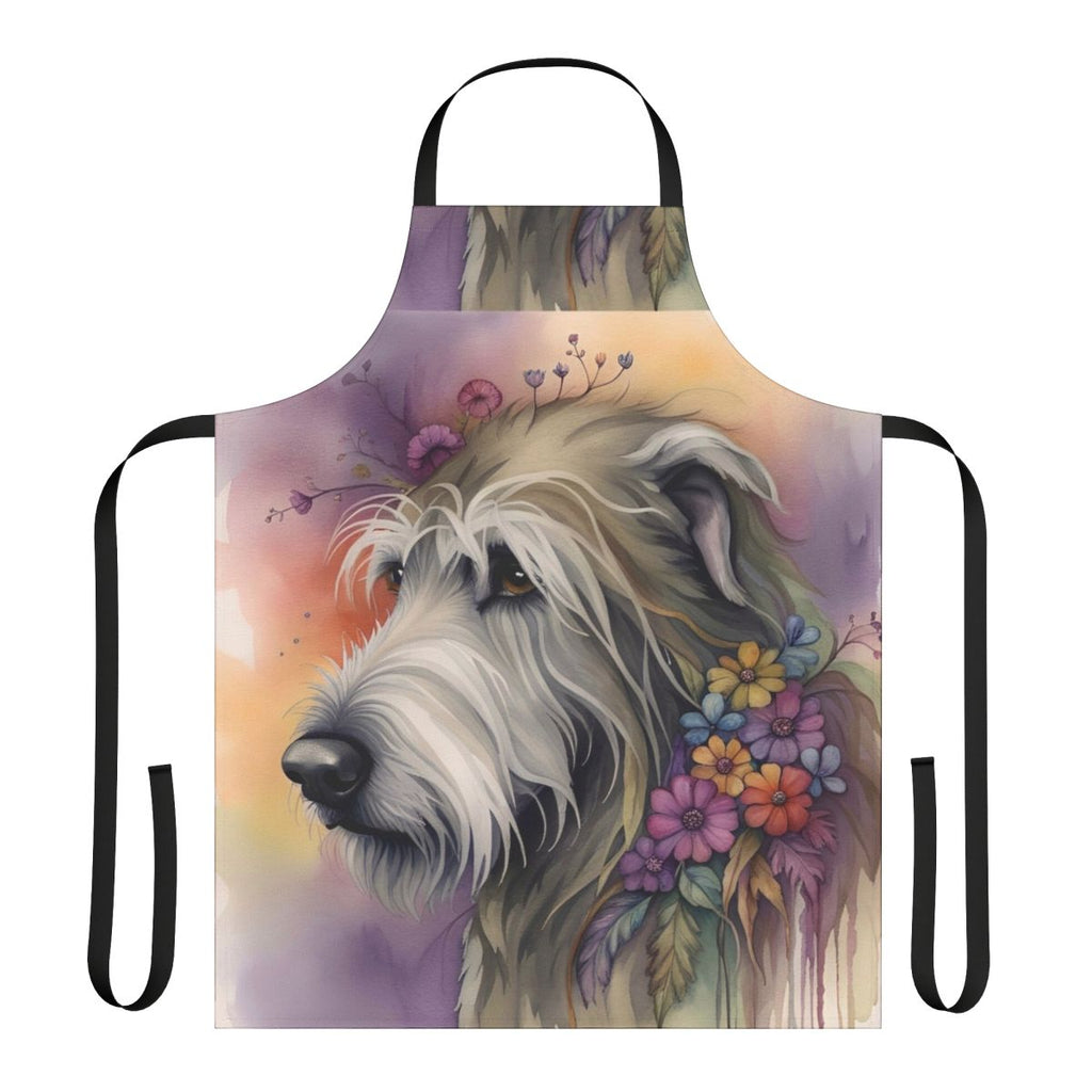 A beautiful watercolor-style apron featuring an Irish Wolfhound dog surrounded by colorful flowers