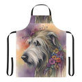 A beautiful watercolor-style apron featuring an Irish Wolfhound dog surrounded by colorful flowers