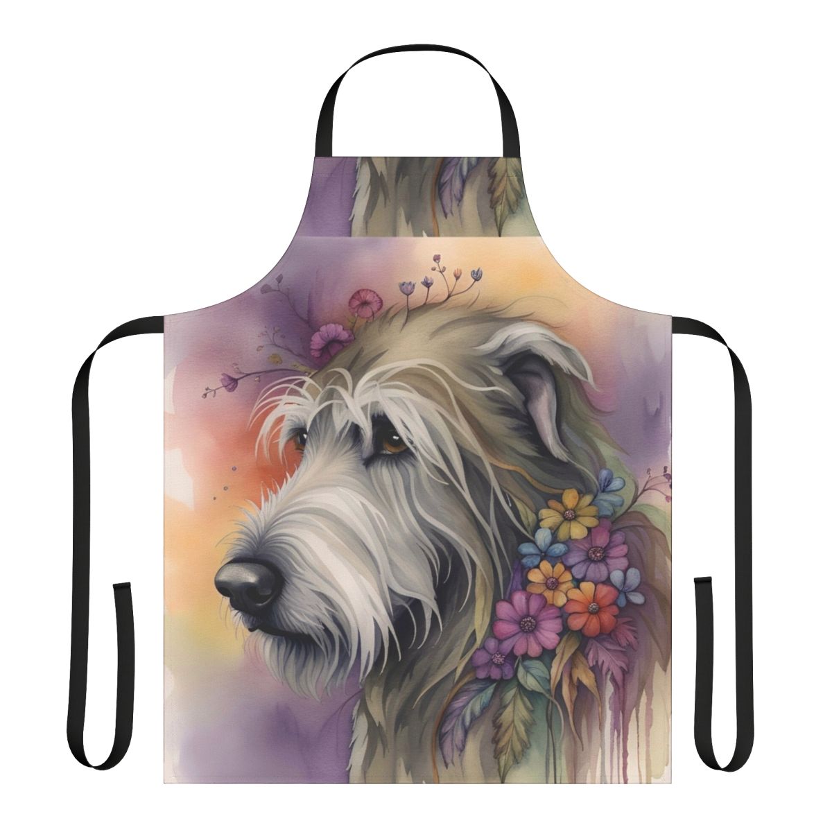 A beautiful watercolor-style apron featuring an Irish Wolfhound dog surrounded by colorful flowers