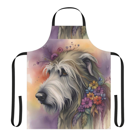 A beautiful watercolor-style apron featuring an Irish Wolfhound dog surrounded by colorful flowers