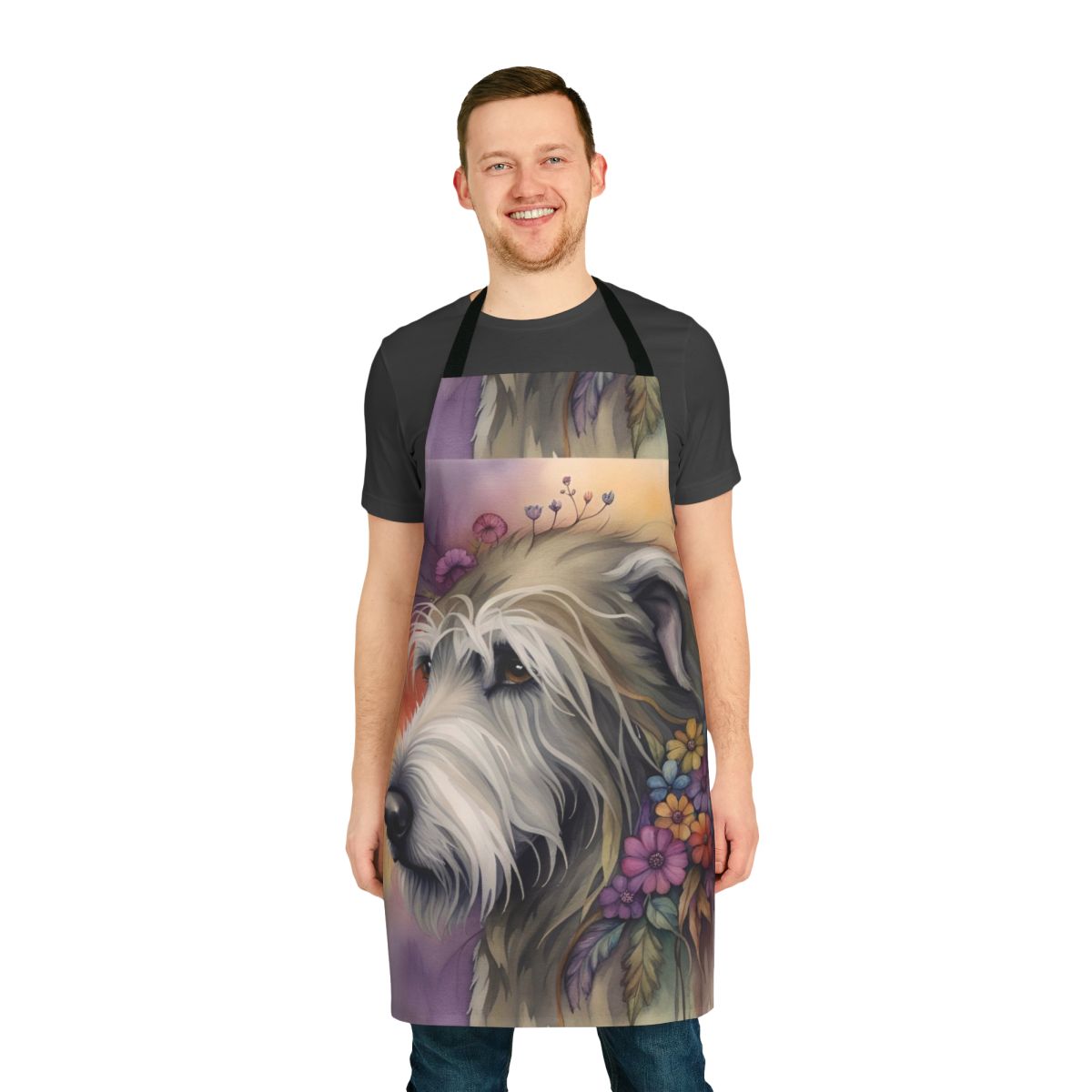 A beautiful watercolor-style apron featuring an Irish Wolfhound dog surrounded by colorful flowers