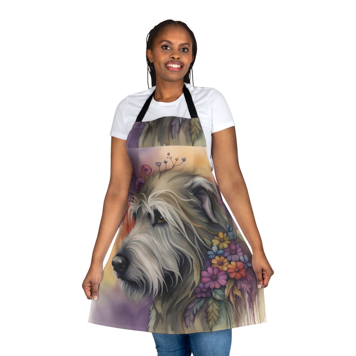 A beautiful watercolor-style apron featuring an Irish Wolfhound dog surrounded by colorful flowers