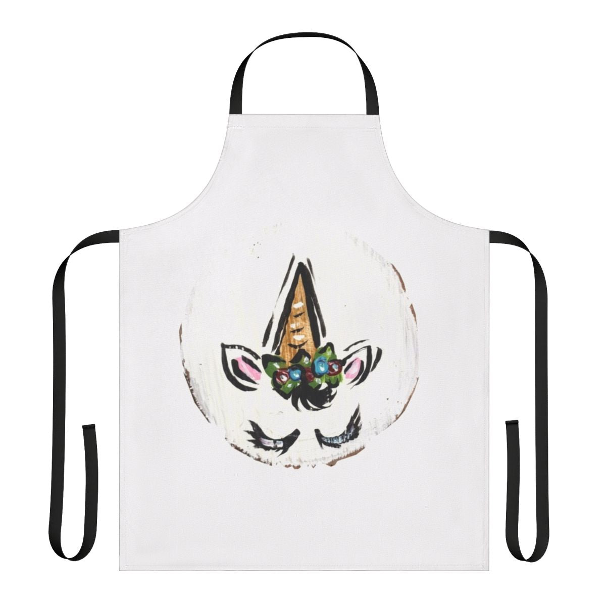 A beautiful floral apron featuring a magical unicorn design, perfect for the kitchen, garden, or creative projects.