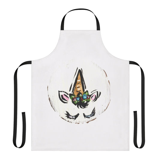 A beautiful floral apron featuring a magical unicorn design, perfect for the kitchen, garden, or creative projects.