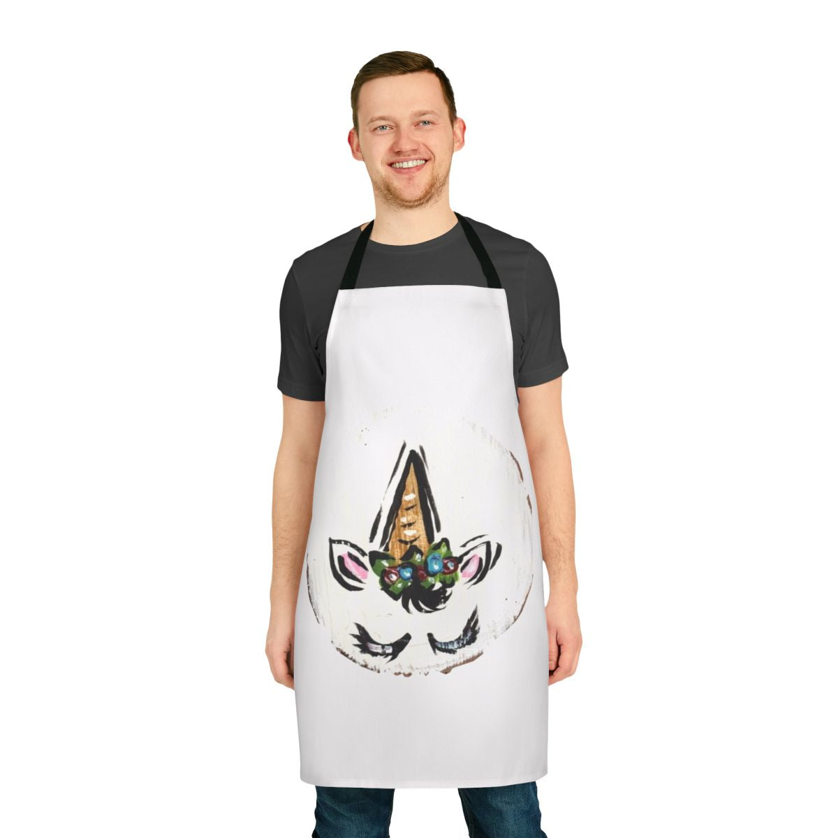 A beautiful floral apron featuring a magical unicorn design, perfect for the kitchen, garden, or creative projects.