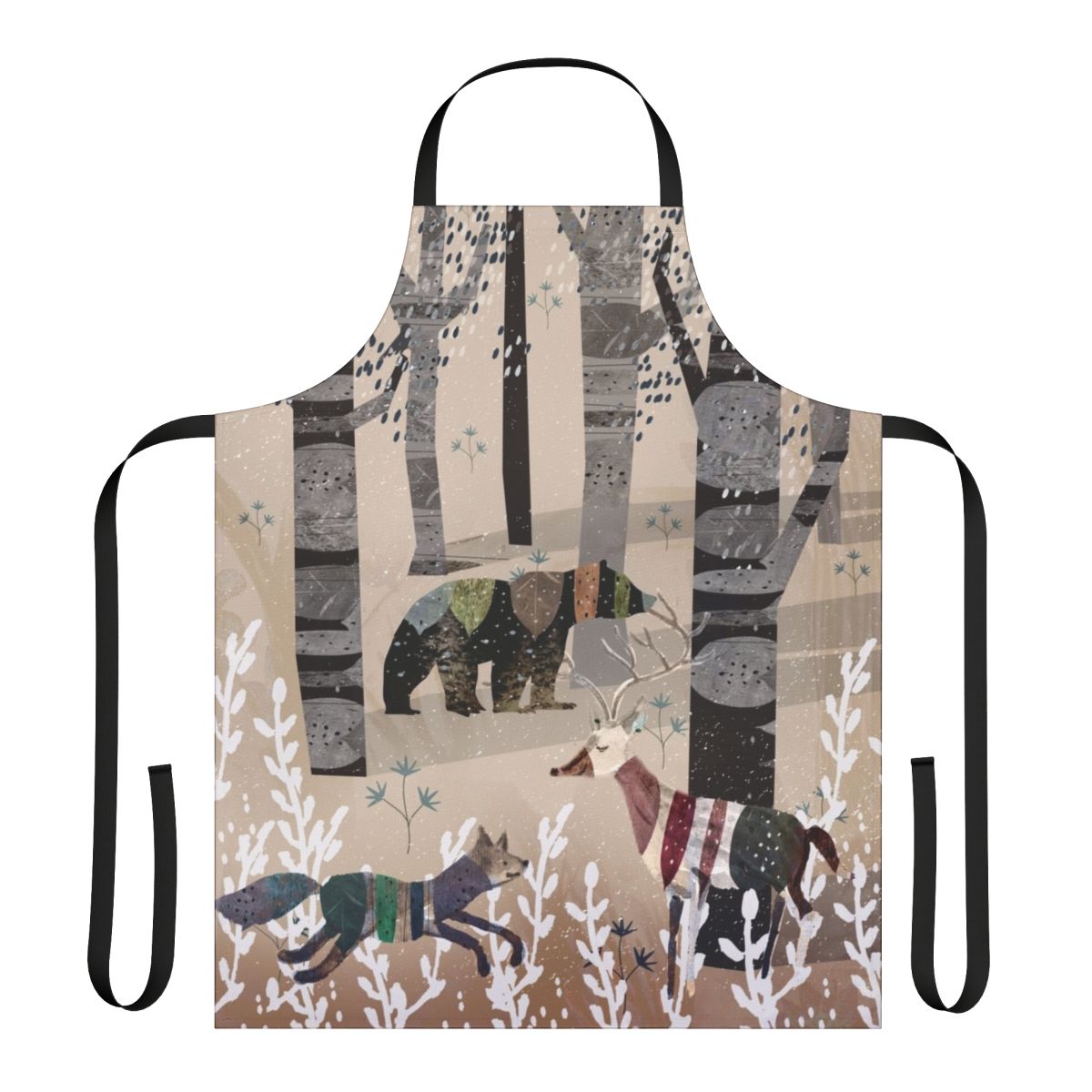 Apron featuring a watercolor design of a forest scene with animals like a bear, deer, and fox in a beige, winter-inspired color palette.