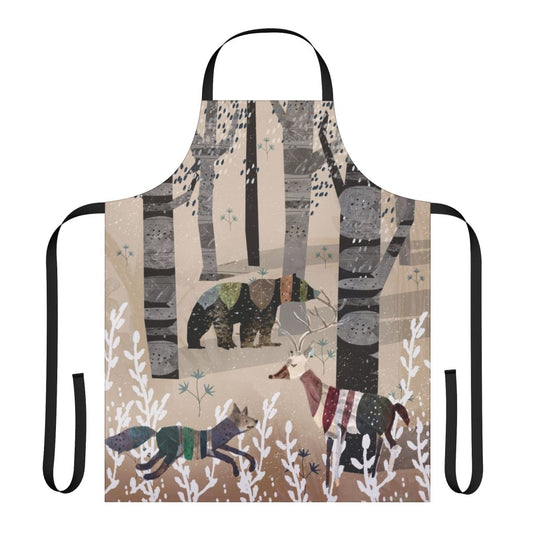 Apron featuring a watercolor design of a forest scene with animals like a bear, deer, and fox in a beige, winter-inspired color palette.