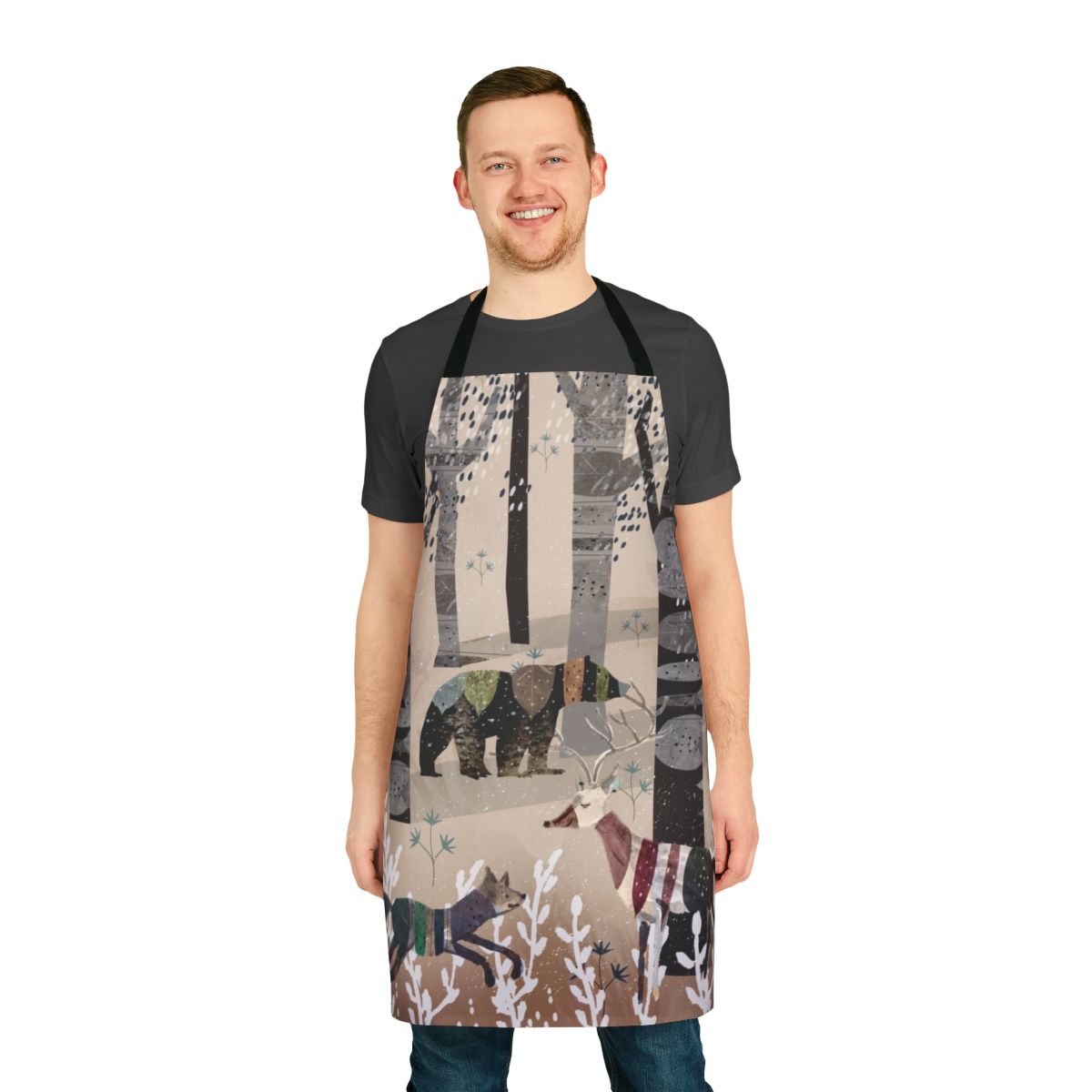 Apron featuring a watercolor design of a forest scene with animals like a bear, deer, and fox in a beige, winter-inspired color palette.