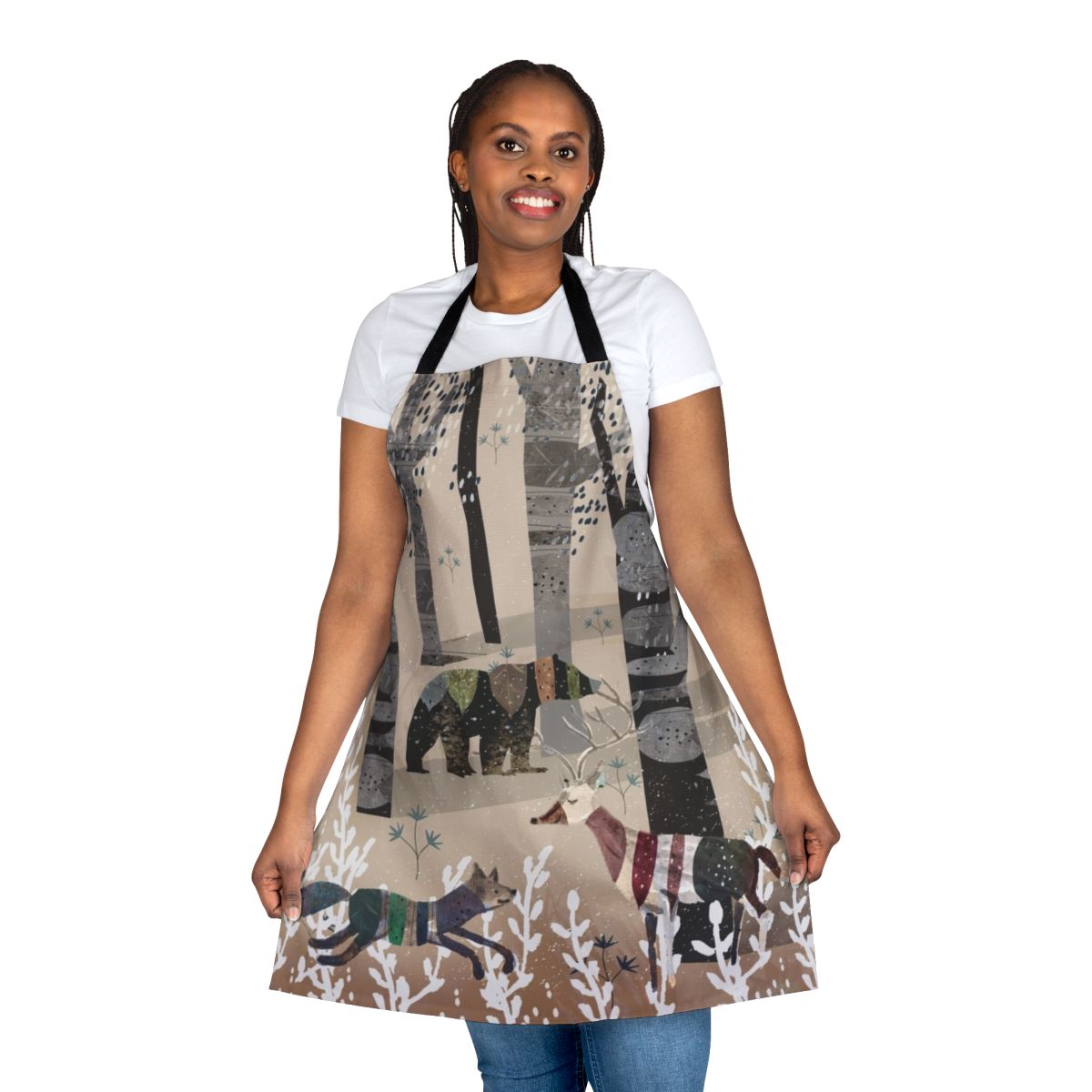 Apron featuring a watercolor design of a forest scene with animals like a bear, deer, and fox in a beige, winter-inspired color palette.