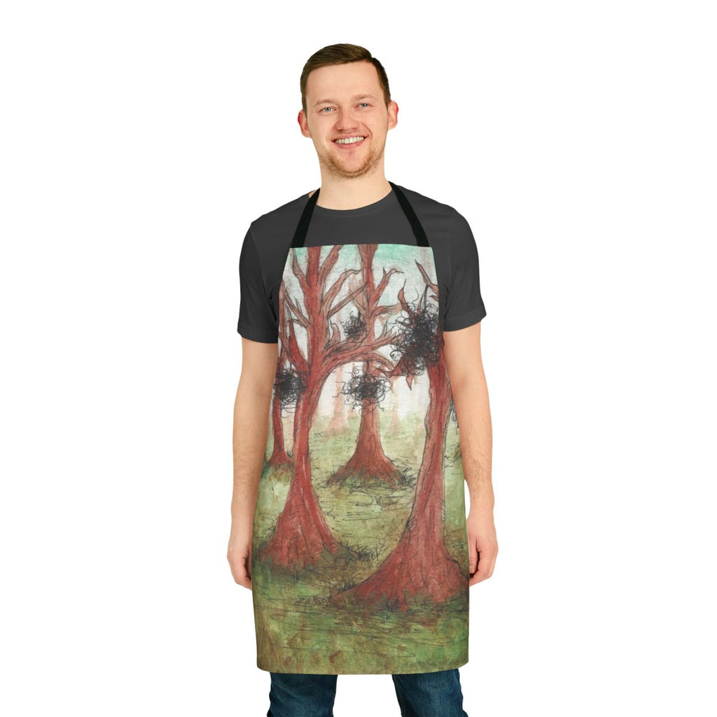 Apron featuring a whimsical, abstract landscape design with trees, greenery, and a fantasy-inspired aesthetic.