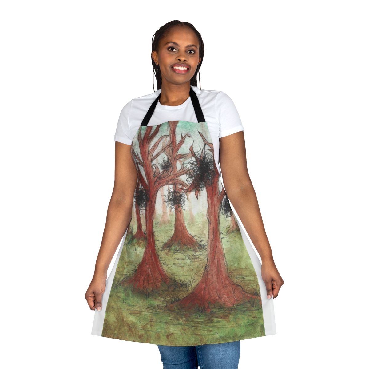 Apron featuring a whimsical, abstract landscape design with trees, greenery, and a fantasy-inspired aesthetic.
