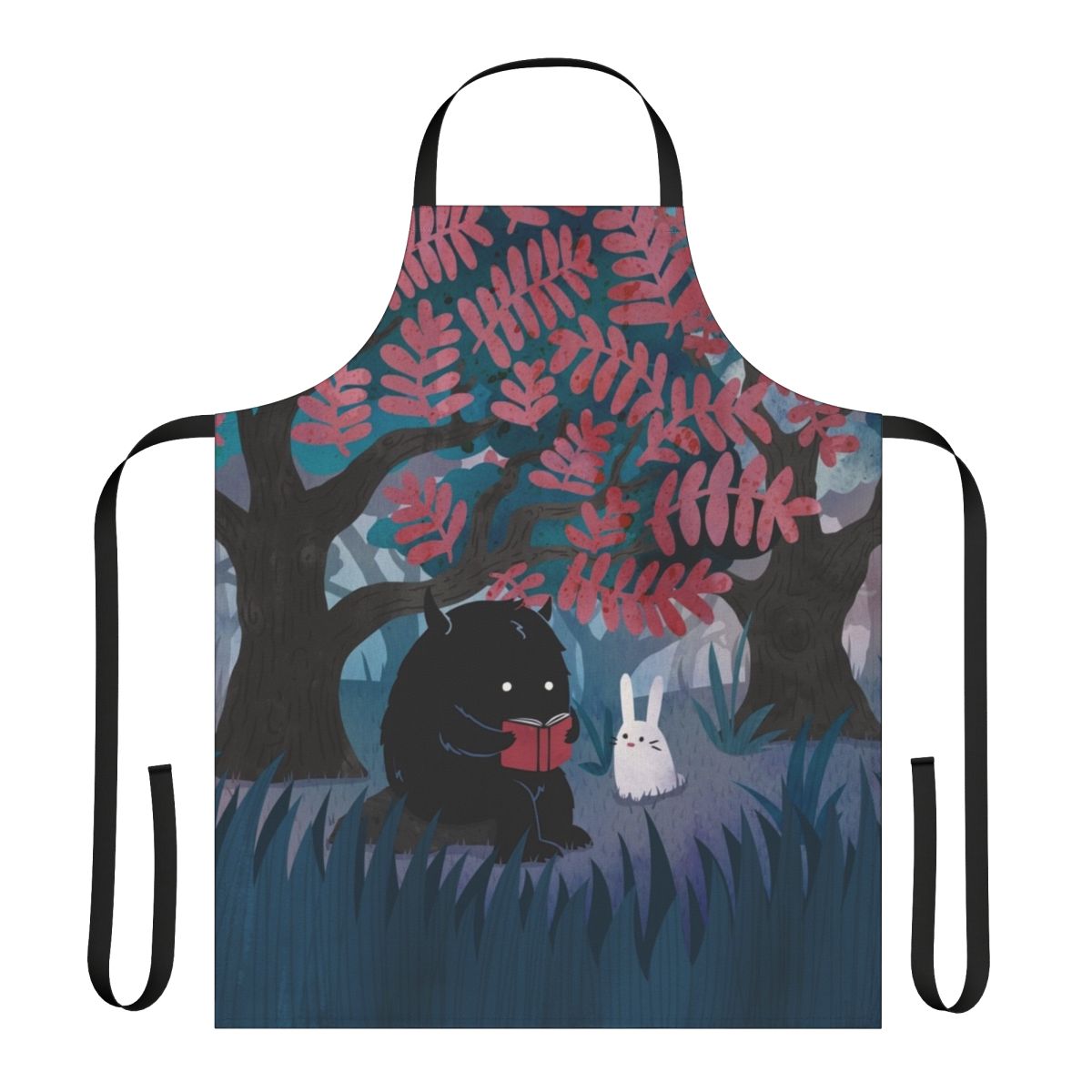 Apron featuring a watercolor design of forest friends, including a monster, bunny, and other woodland creatures, perfect for bookish nature lovers.
