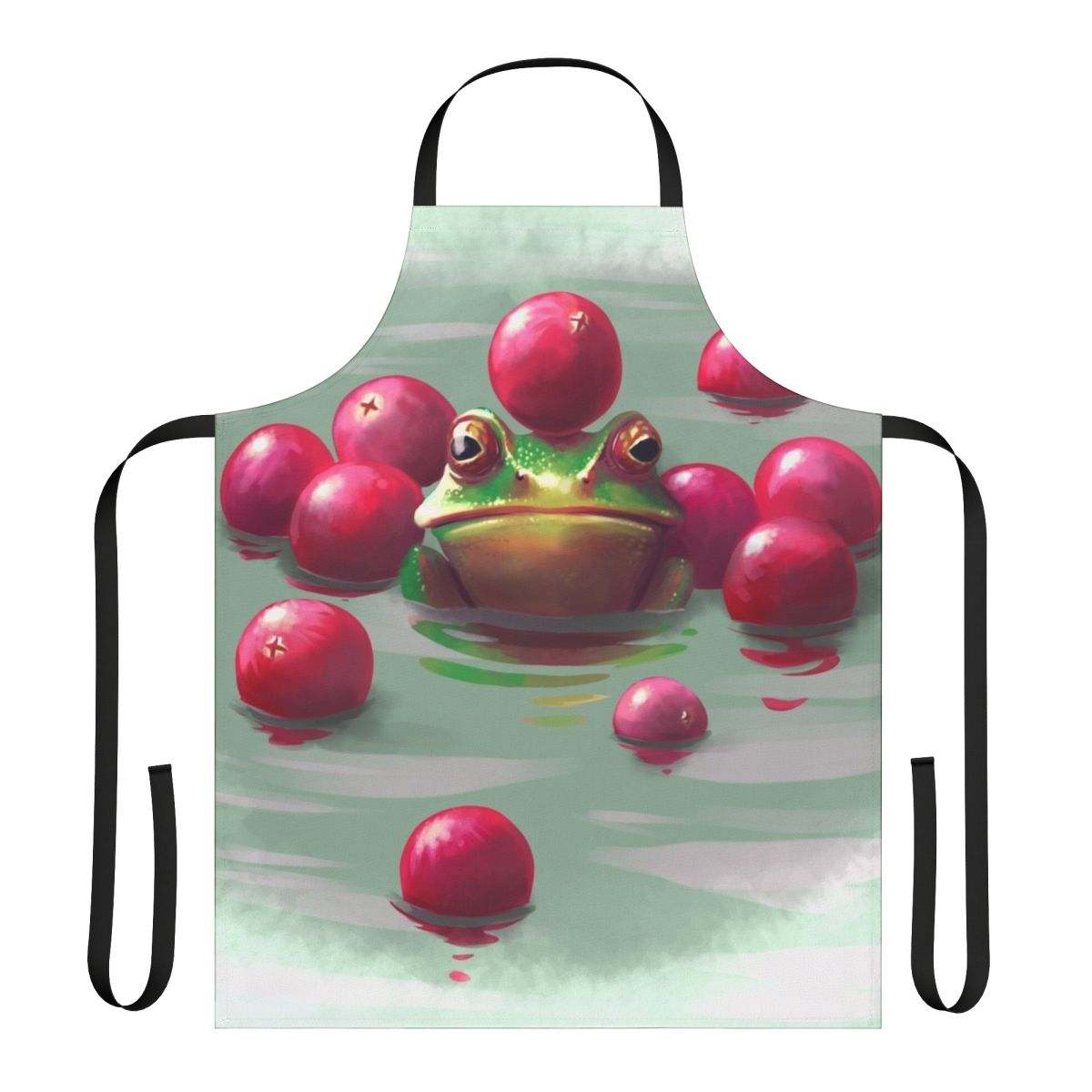 Colorful apron featuring a frog surrounded by cranberries, perfect for fall baking and cooking