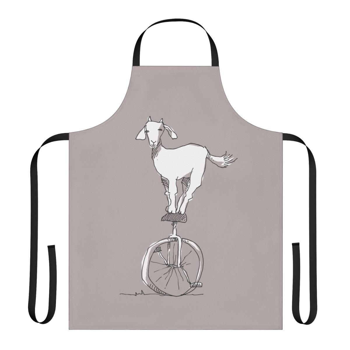 A charming apron featuring a goat riding a unicycle, a quirky and unusual design.