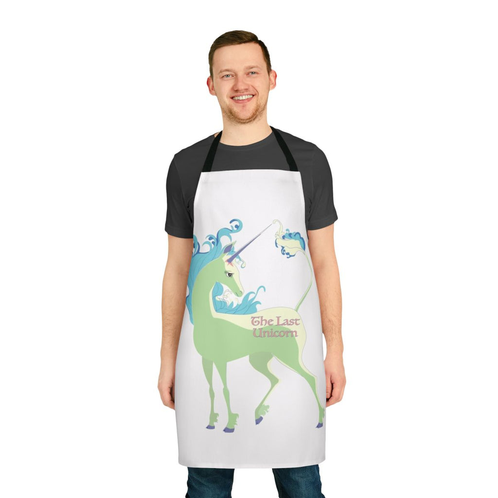 Whimsical green unicorn design on a high-quality apron for the fantasy enthusiast