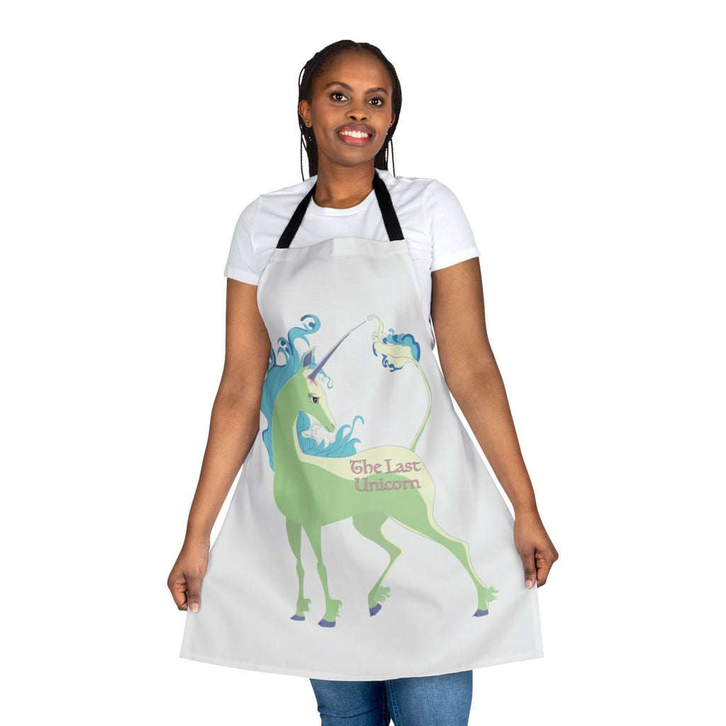 Whimsical green unicorn design on a high-quality apron for the fantasy enthusiast