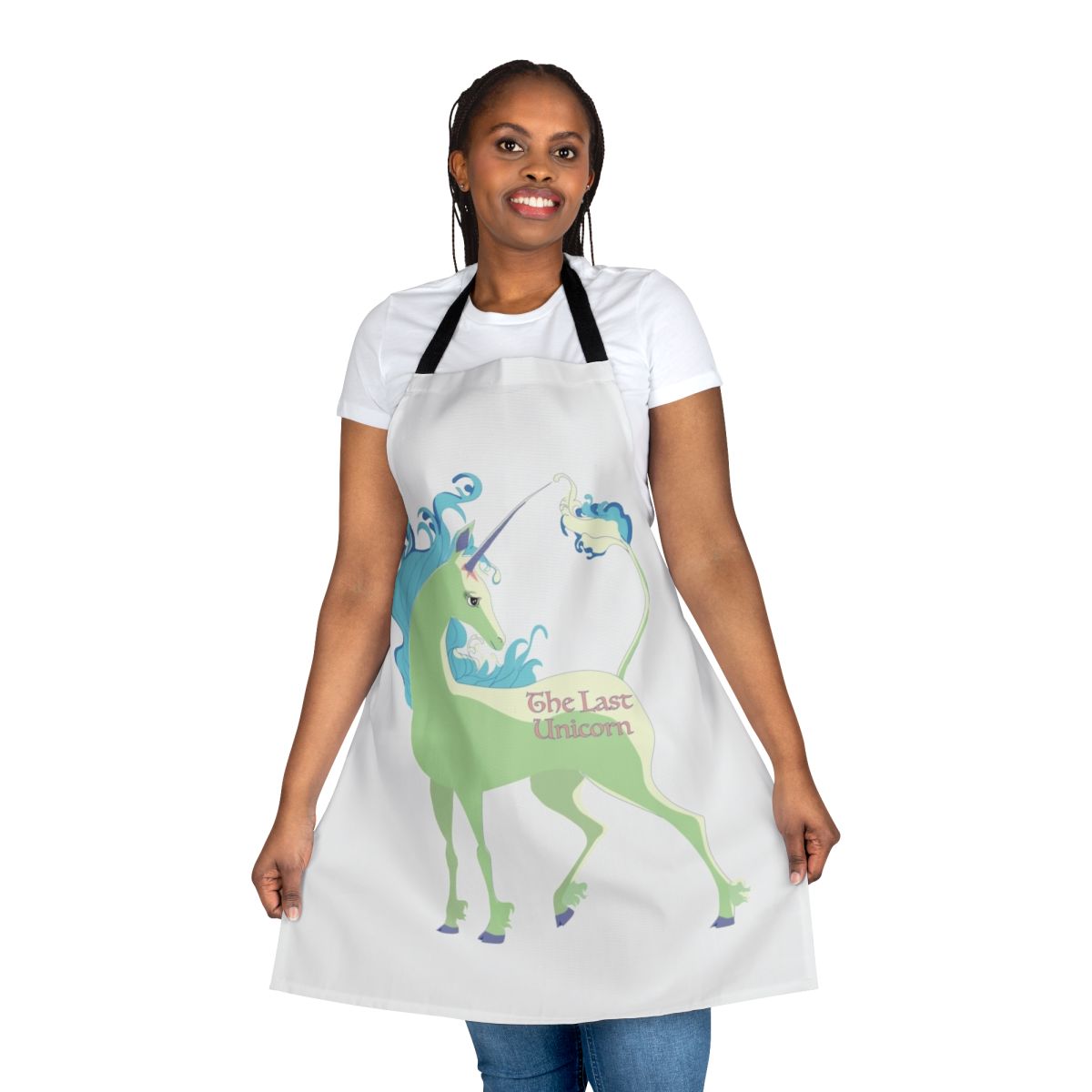 Whimsical green unicorn design on a high-quality apron for the fantasy enthusiast
