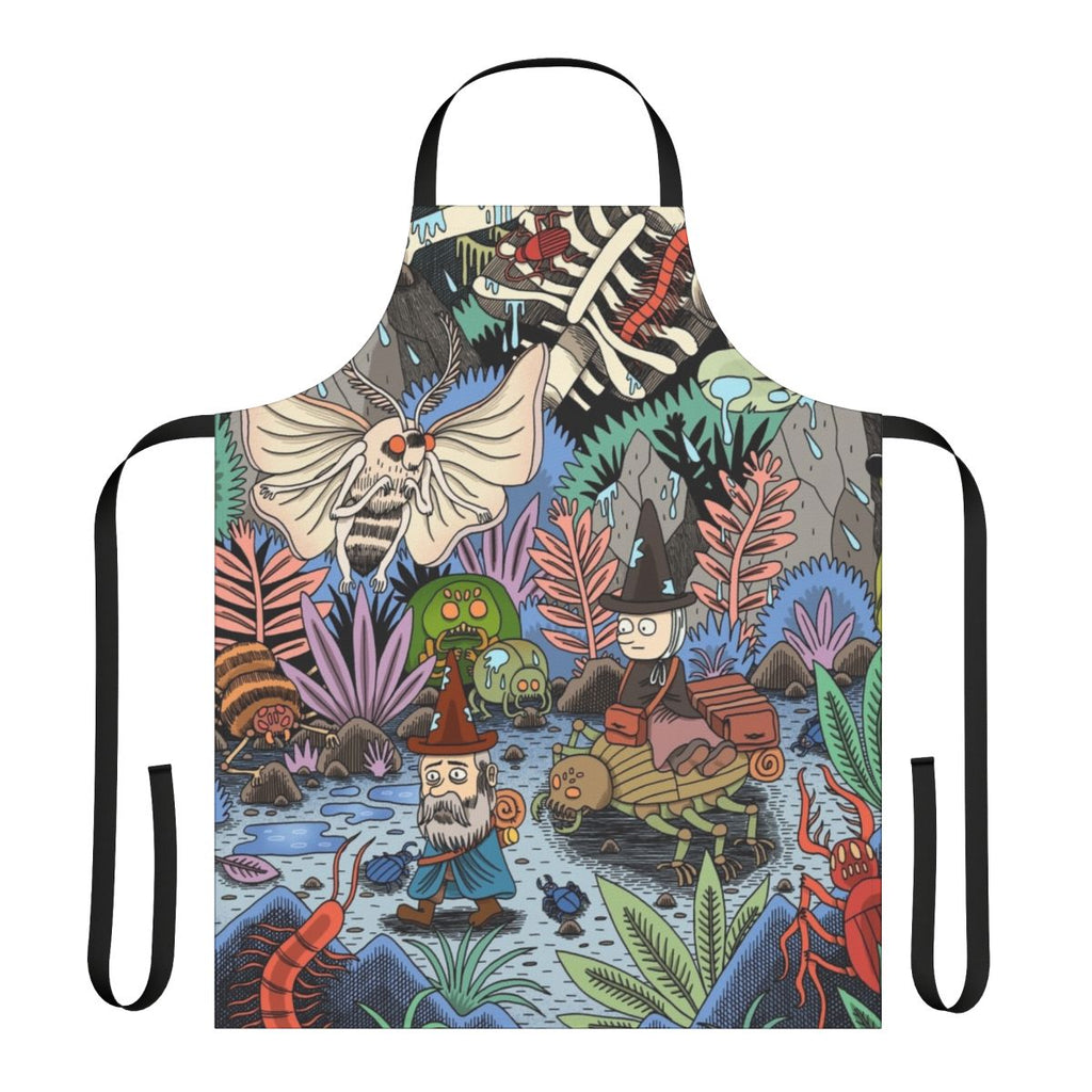 A whimsical apron featuring a fantasy-inspired design with insects, plants, and a wandering journey theme.