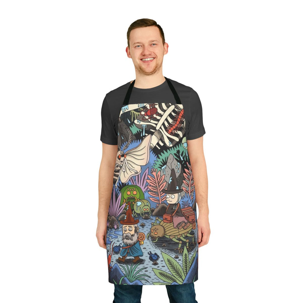 A whimsical apron featuring a fantasy-inspired design with insects, plants, and a wandering journey theme.