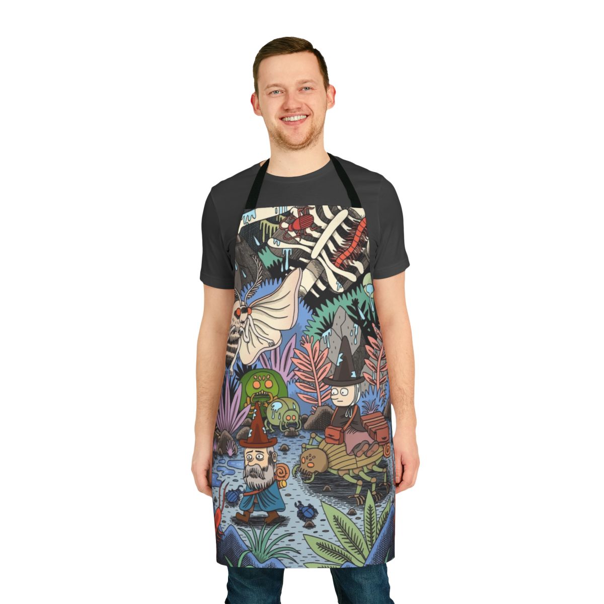 A whimsical apron featuring a fantasy-inspired design with insects, plants, and a wandering journey theme.