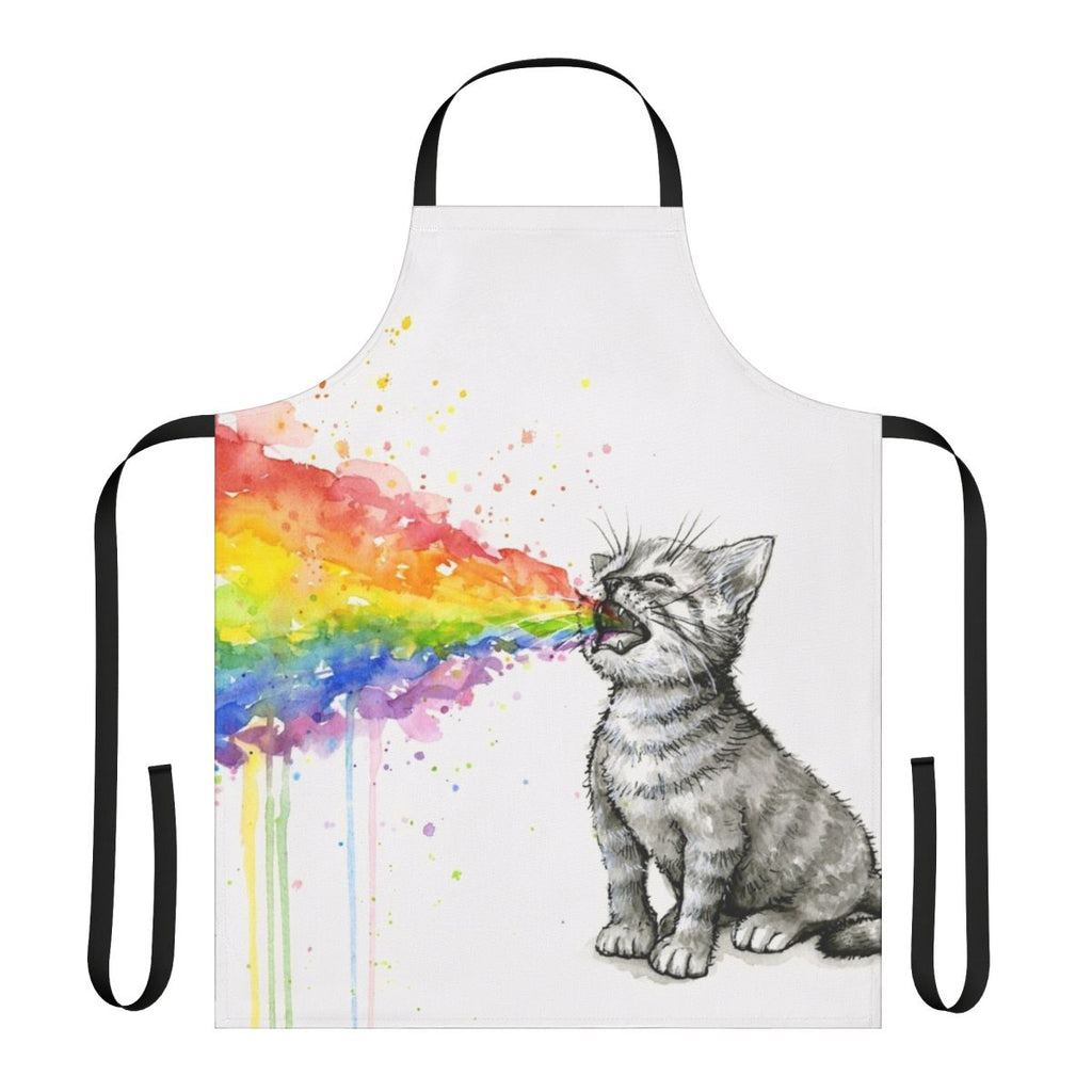 Whimsical illustration of a kitten puking a rainbow, printed on a high-quality apron.