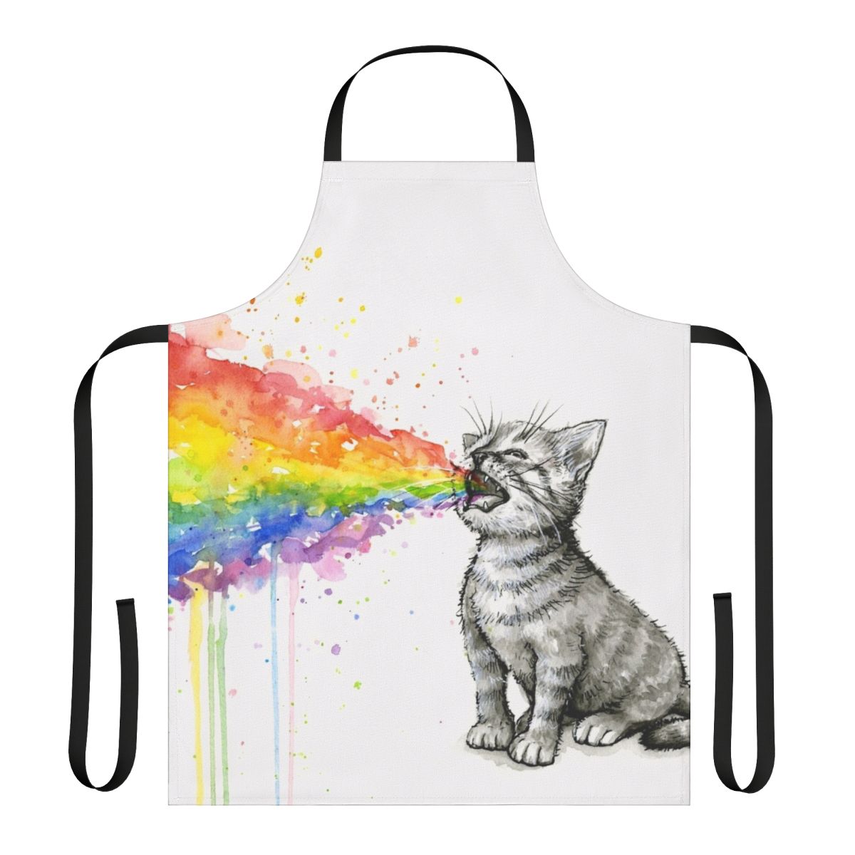 Whimsical illustration of a kitten puking a rainbow, printed on a high-quality apron.