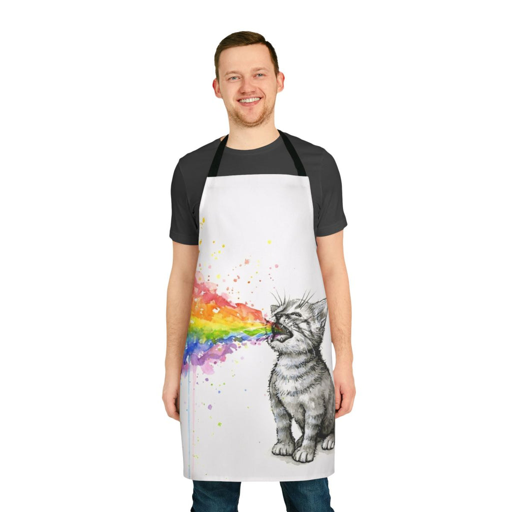 Whimsical illustration of a kitten puking a rainbow, printed on a high-quality apron.