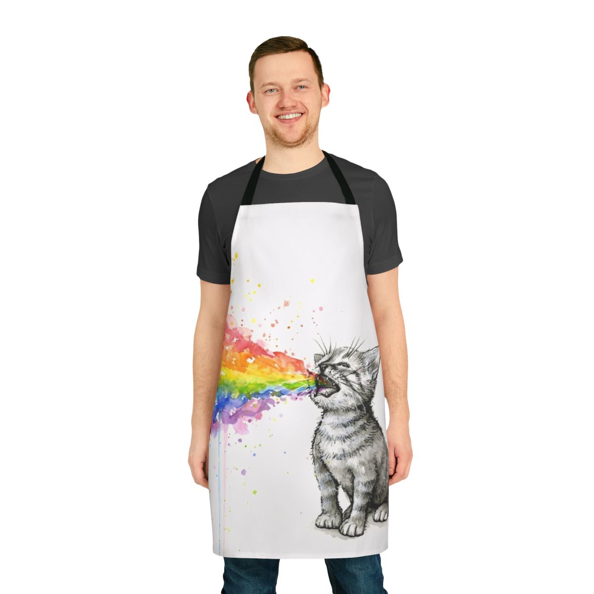 Whimsical illustration of a kitten puking a rainbow, printed on a high-quality apron.