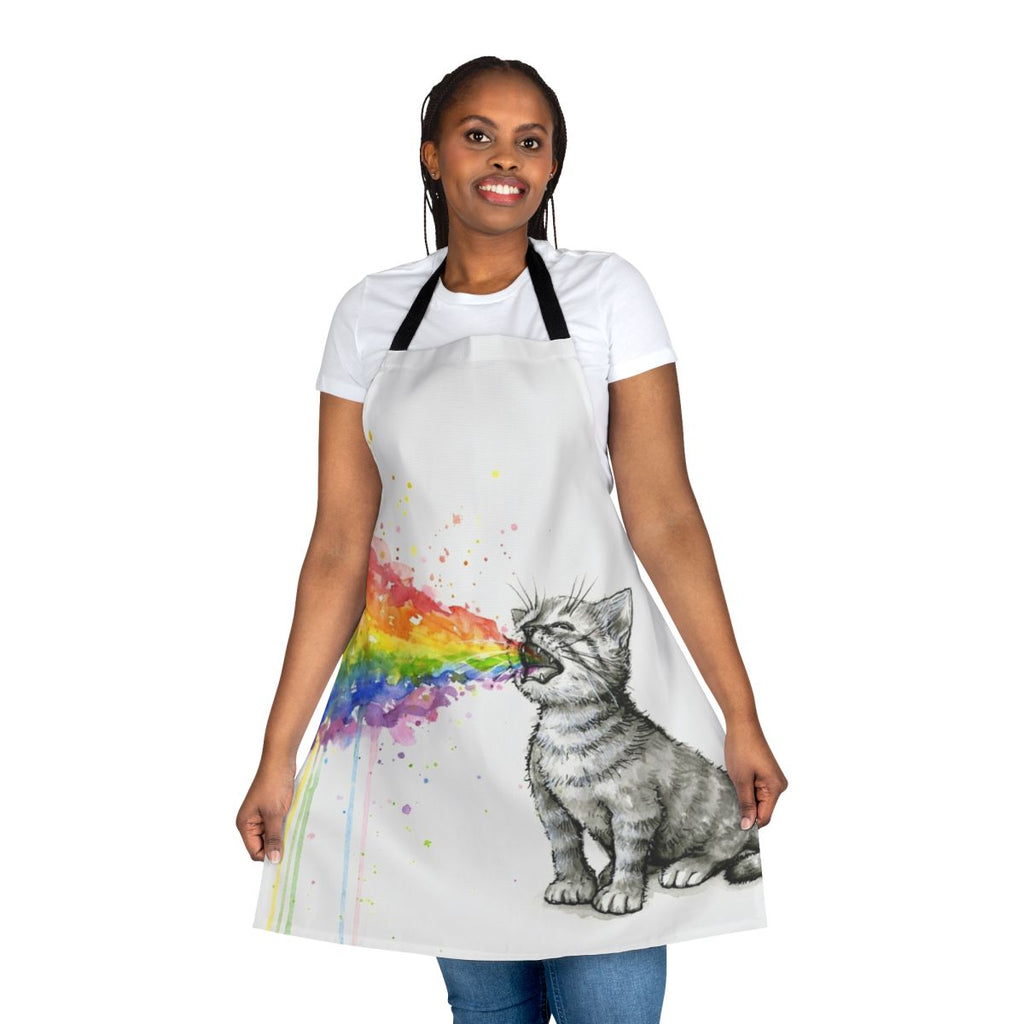 Whimsical illustration of a kitten puking a rainbow, printed on a high-quality apron.