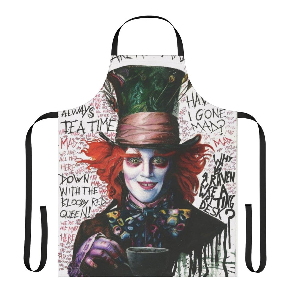 Whimsical apron featuring a mad hatter design, inspired by the iconic Johnny Depp character