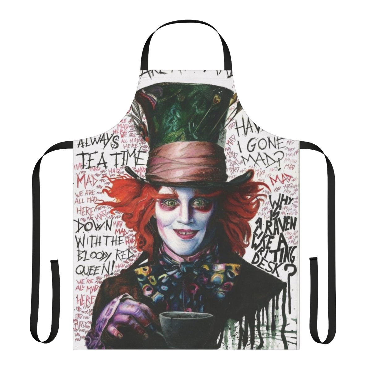 Whimsical apron featuring a mad hatter design, inspired by the iconic Johnny Depp character