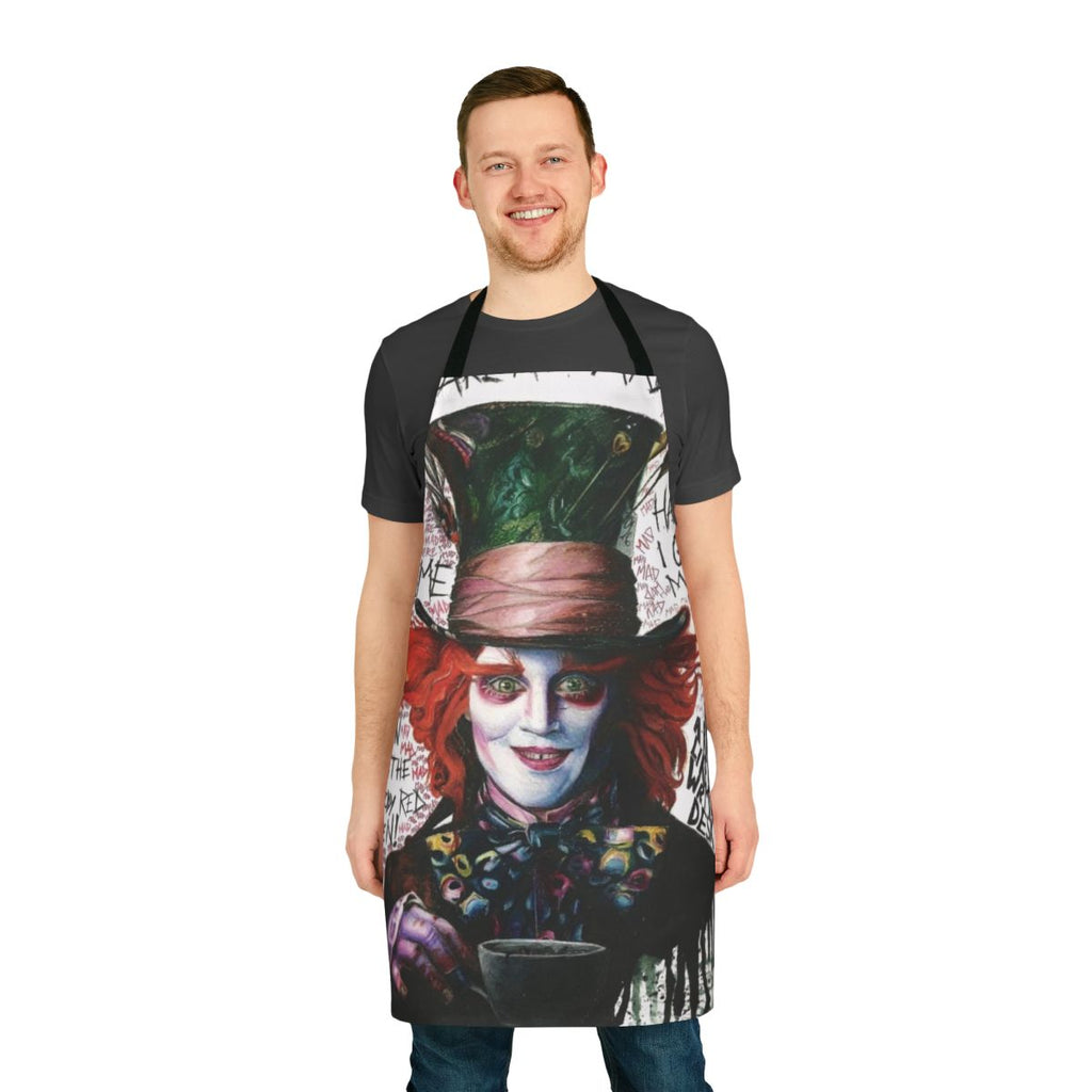 Whimsical apron featuring a mad hatter design, inspired by the iconic Johnny Depp character