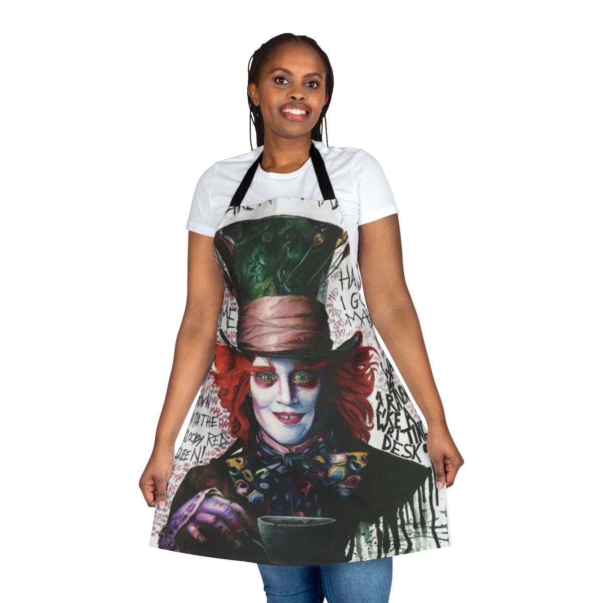 Whimsical apron featuring a mad hatter design, inspired by the iconic Johnny Depp character