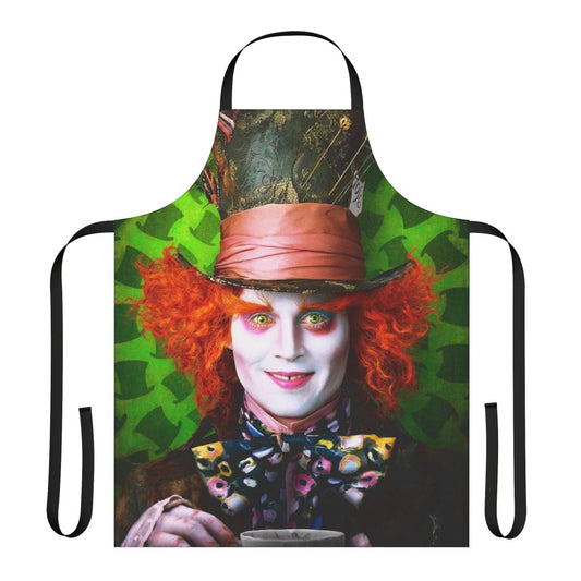A colorful apron featuring the iconic Mad Hatter character from Alice in Wonderland.