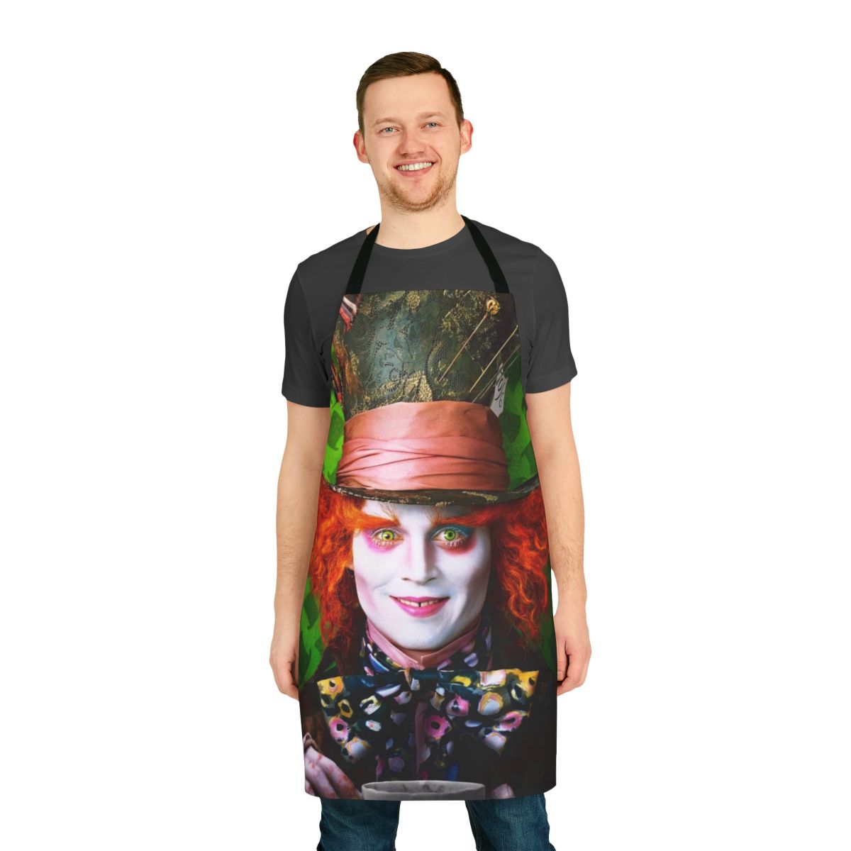 A colorful apron featuring the iconic Mad Hatter character from Alice in Wonderland.