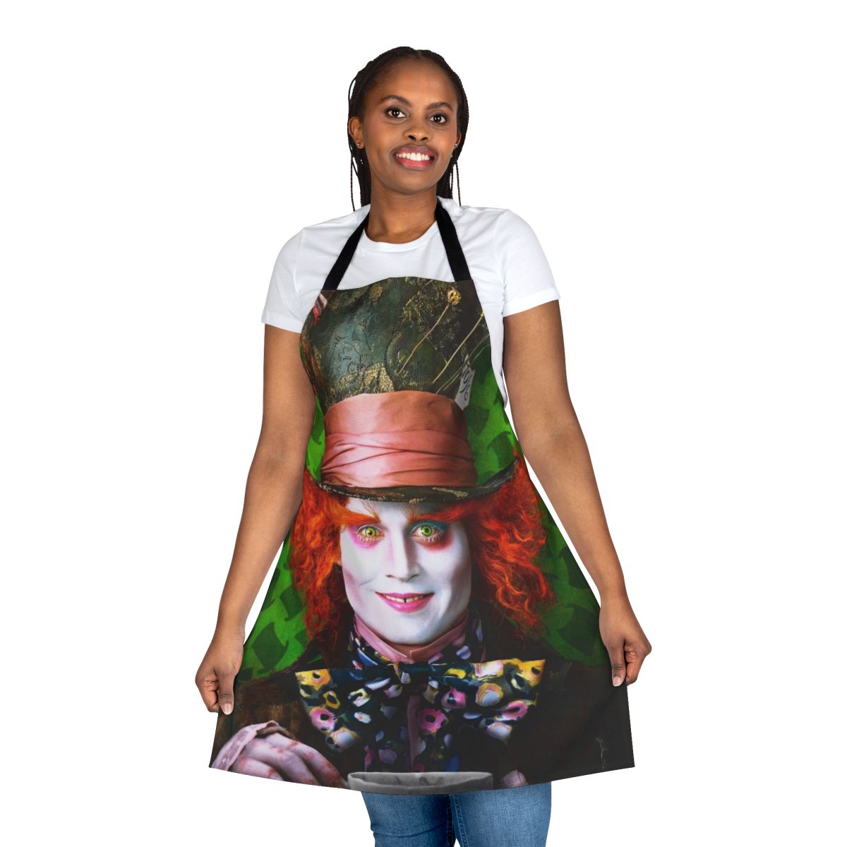 A colorful apron featuring the iconic Mad Hatter character from Alice in Wonderland.