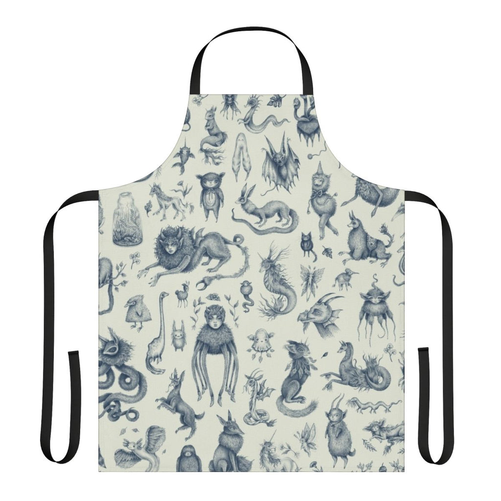 Apron featuring a pastel pattern with various magical and mythological creatures like Bigfoot, Loch Ness Monster, and dragons.